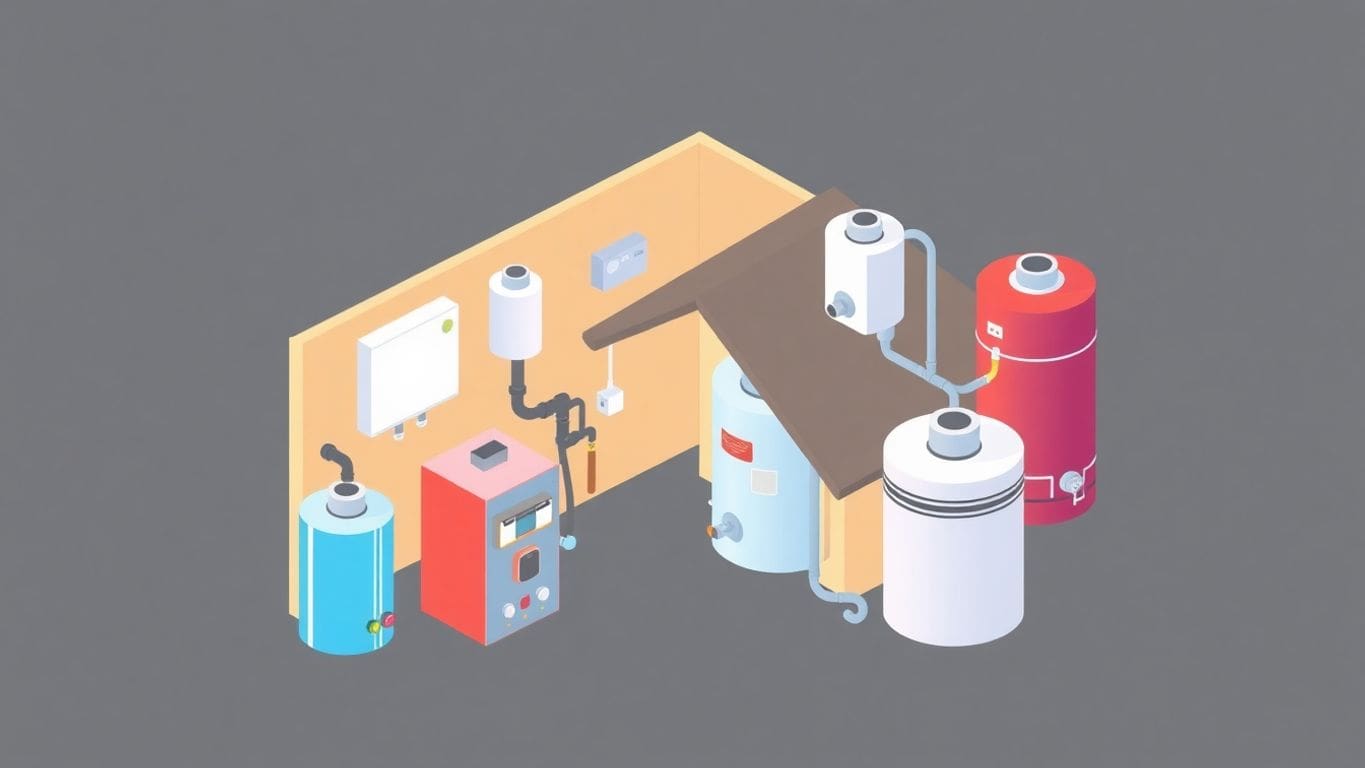Isometric illustration of different types of water heaters.