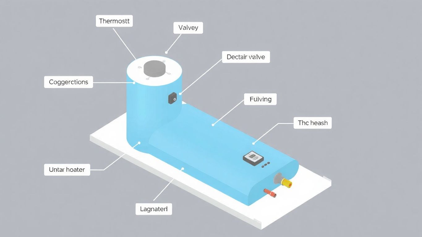 Geometric illustration of a water heater with labeled parts.