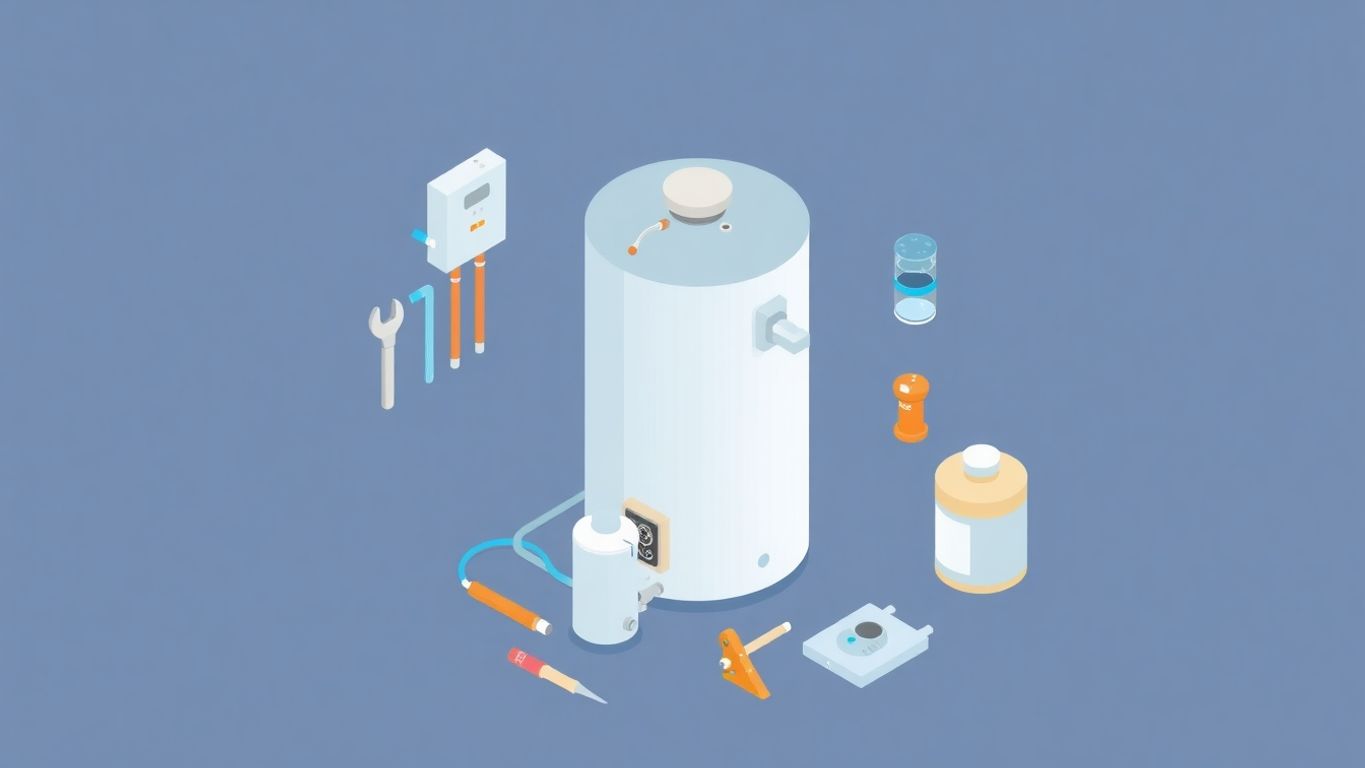 Isometric illustration of water heater maintenance tools and equipment.
