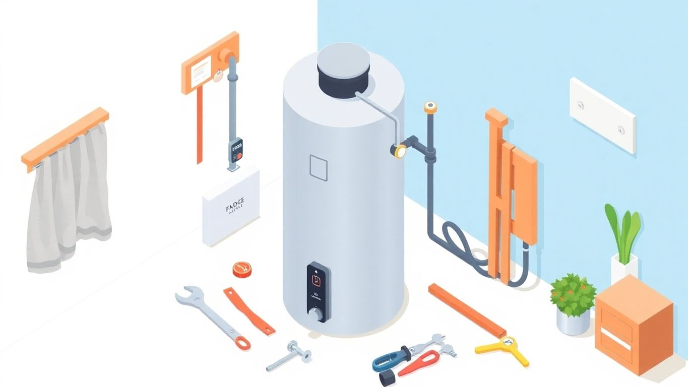 Isometric illustration of a water heater with tools.