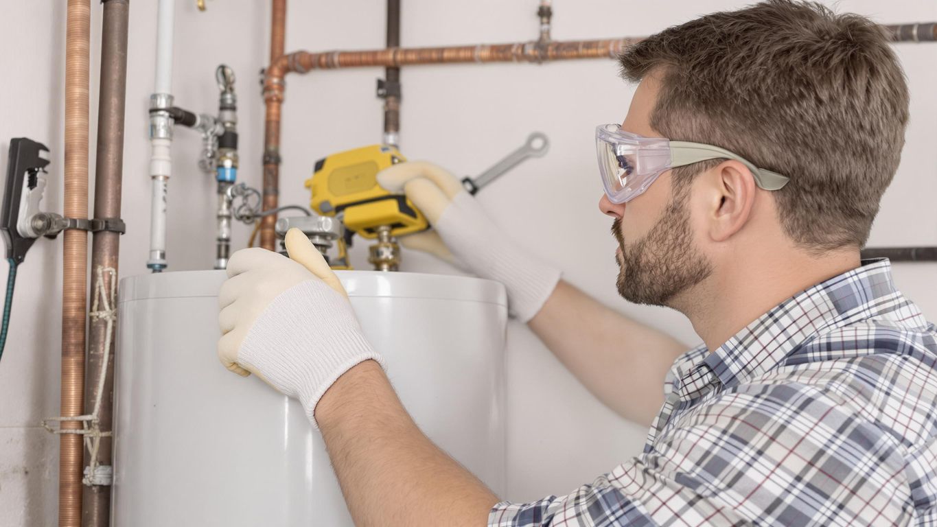 Person troubleshooting a hot water heater with tools.