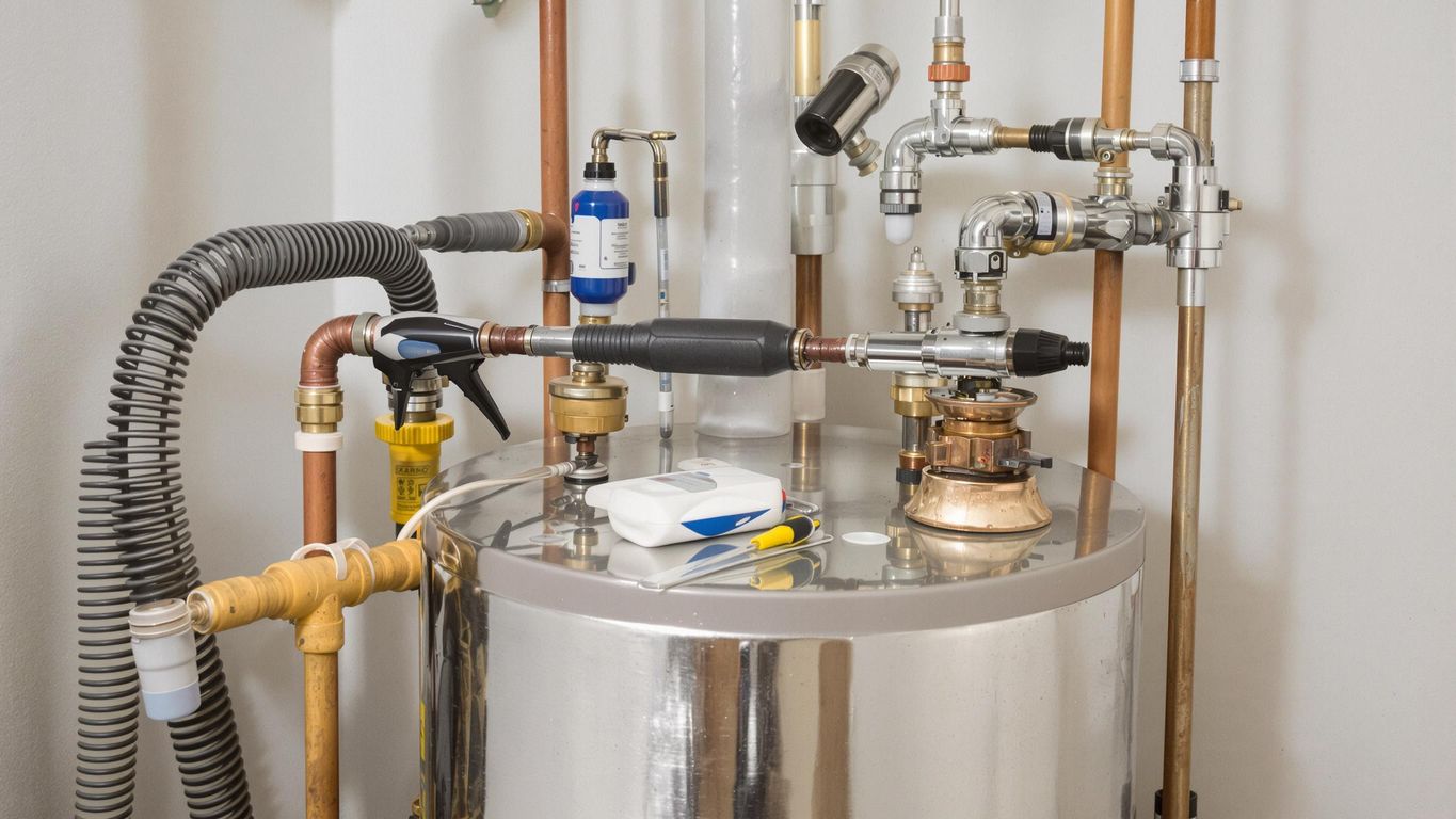 Hot water heater in clean, well-lit maintenance environment.