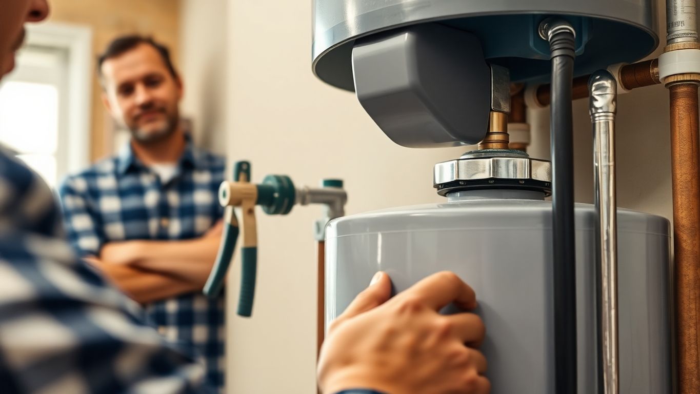 Water heater installation with tools and homeowner observing.