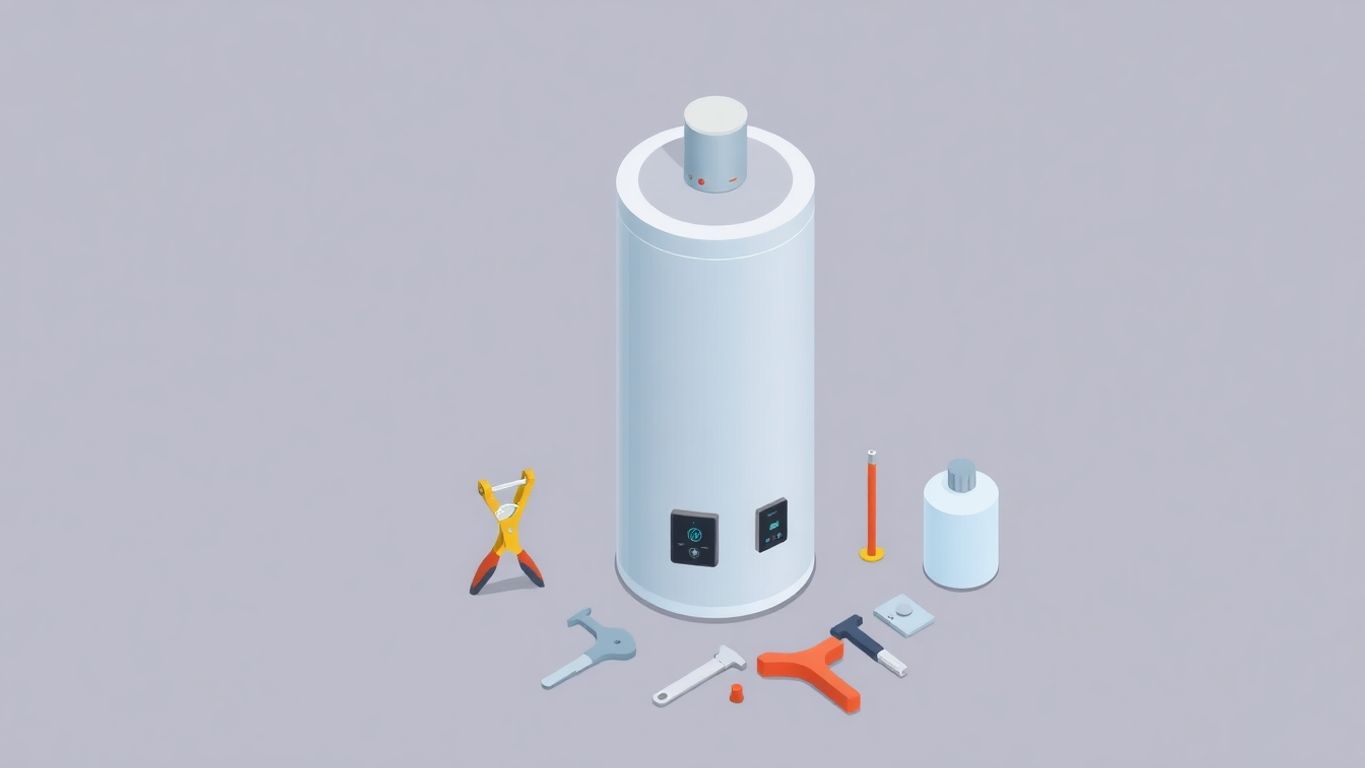 Isometric illustration of a water heater with tools.