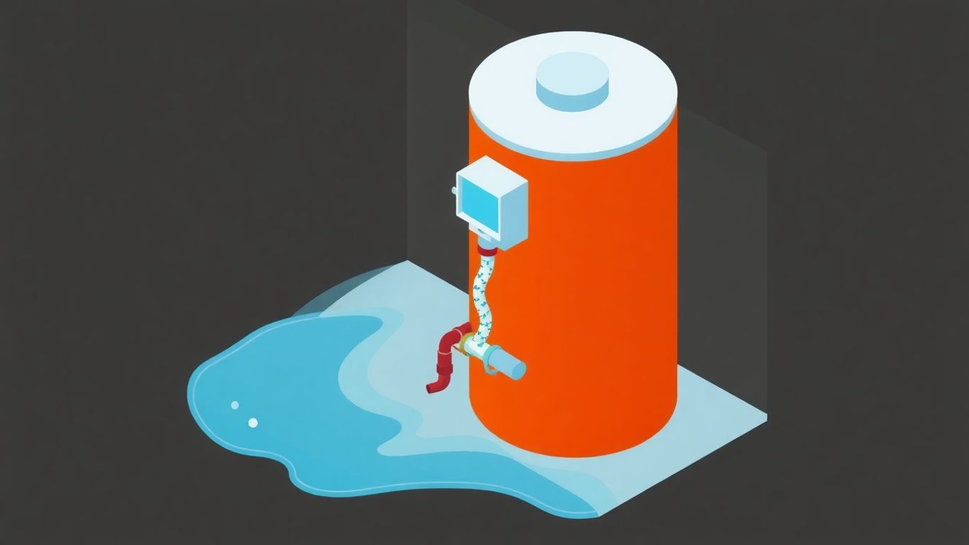 Isometric water heater illustration with a leaking pipe.