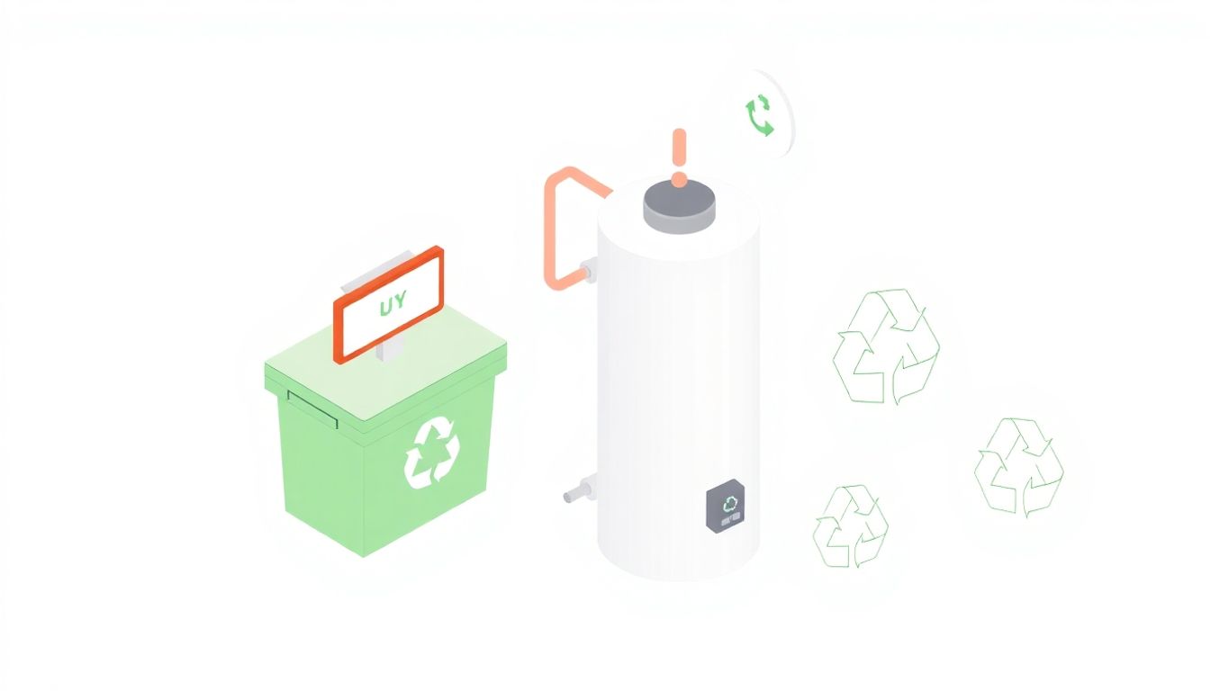 Isometric illustration of a water heater and recycling bins.
