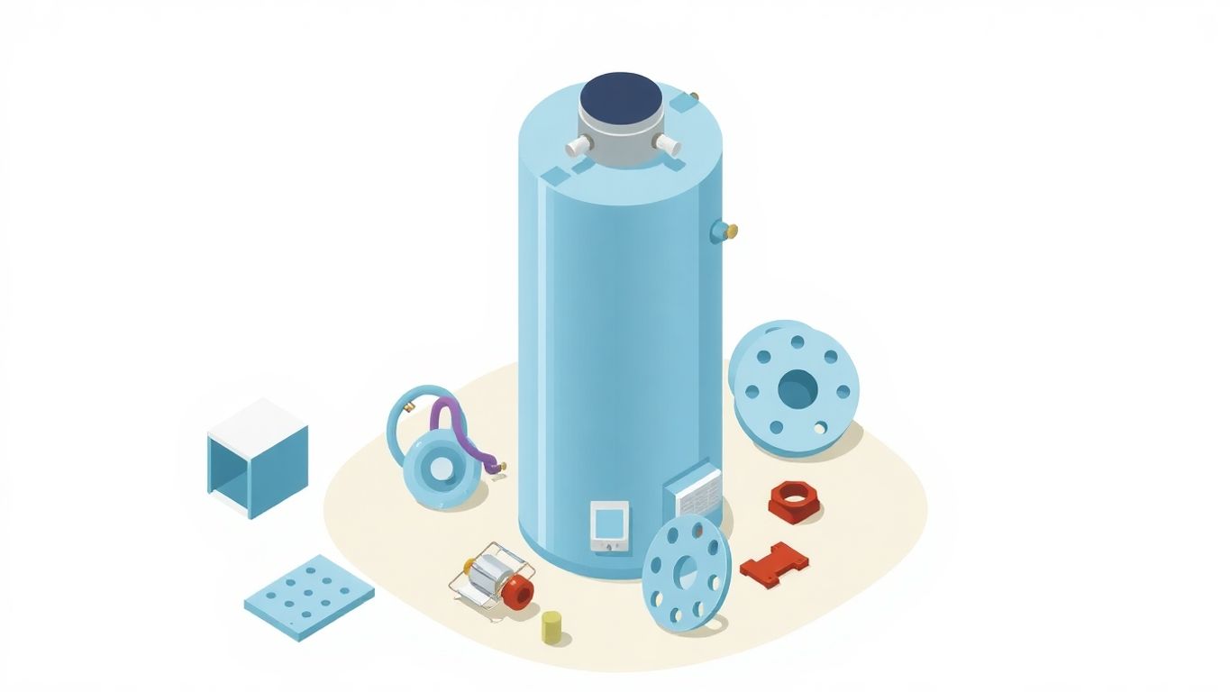 Isometric illustration of a water heater and scrap metal.