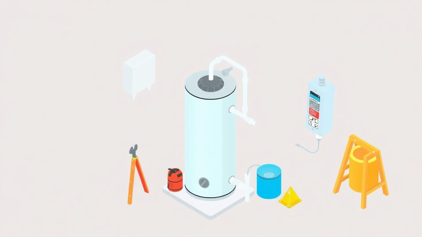 Isometric illustration of water heater installation with tools.