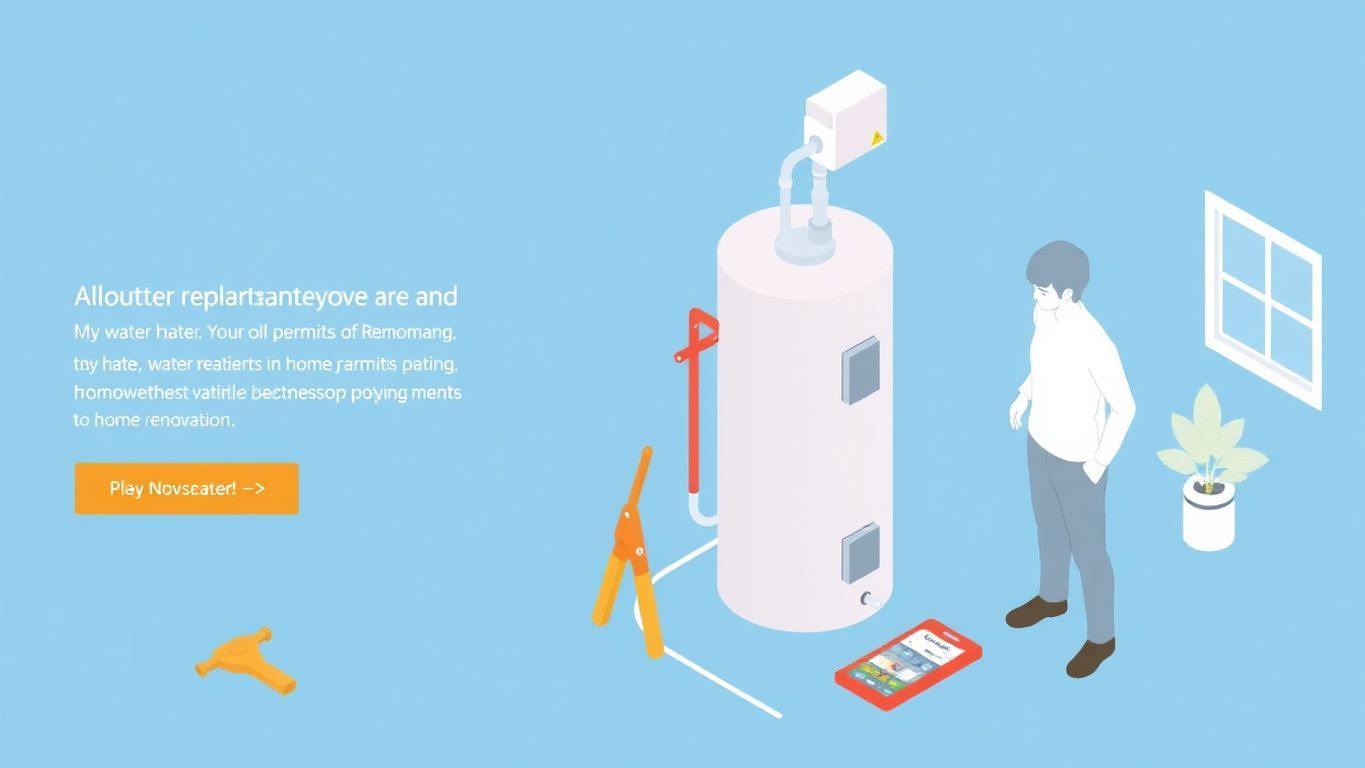 Geometric isometric illustration of water heater replacement process.