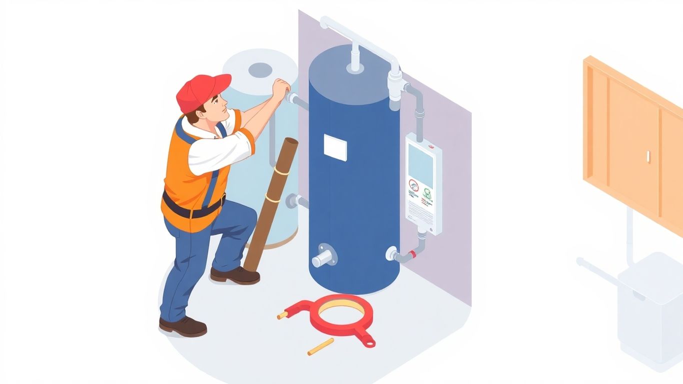 Plumber repairing a water heater in geometric isometric style.