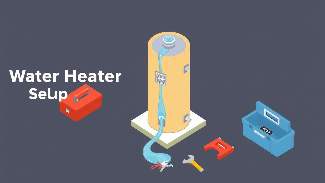 Isometric illustration of a leaking water heater and tools.