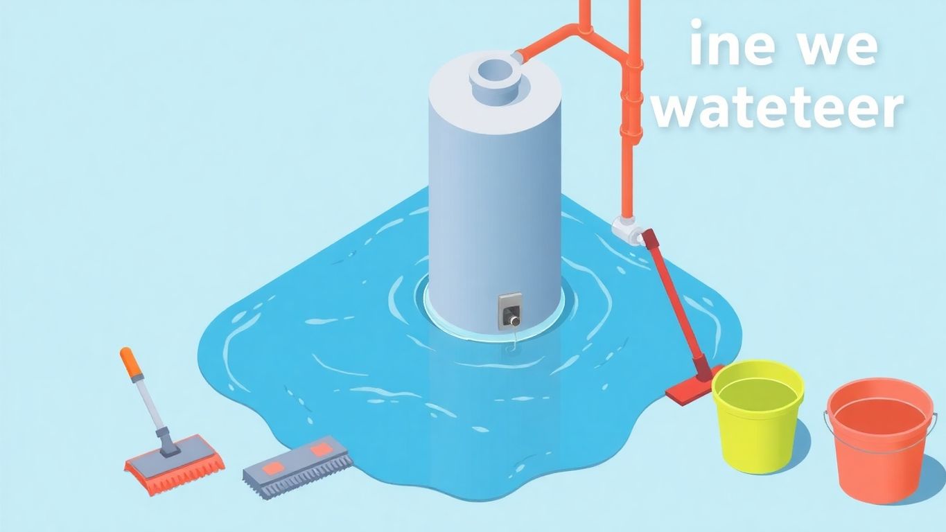 Flooded water heater illustration with emergency tools nearby.