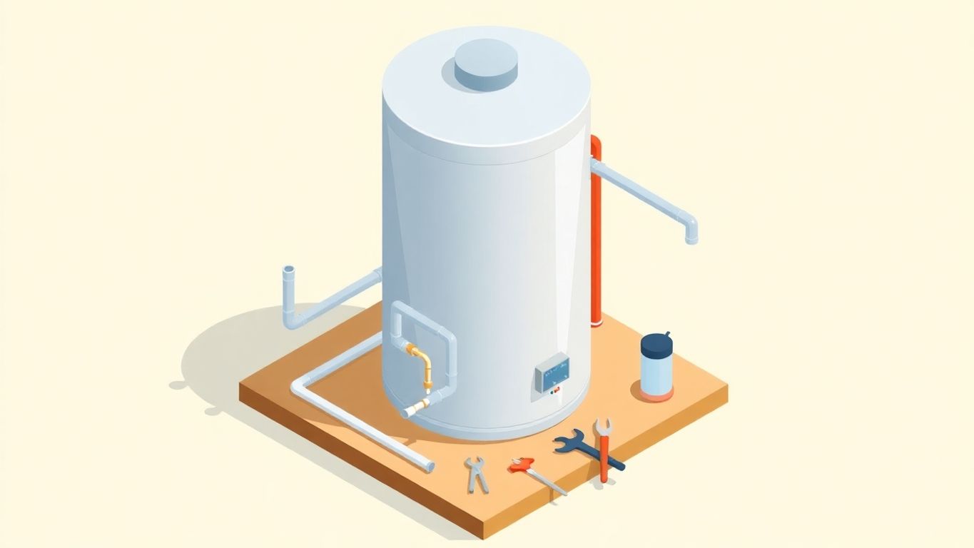 Isometric illustration of a hot water heater and tools.