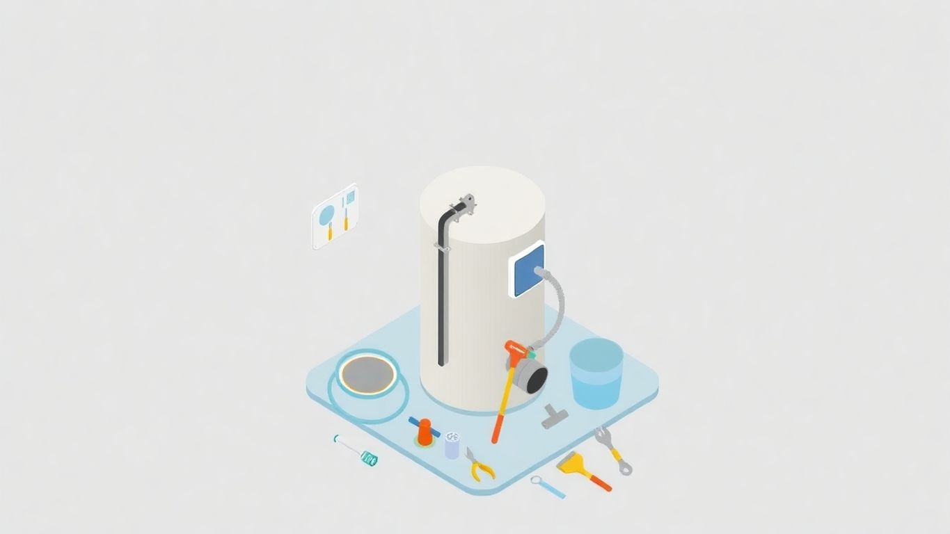 Isometric illustration of a water heater with tools.