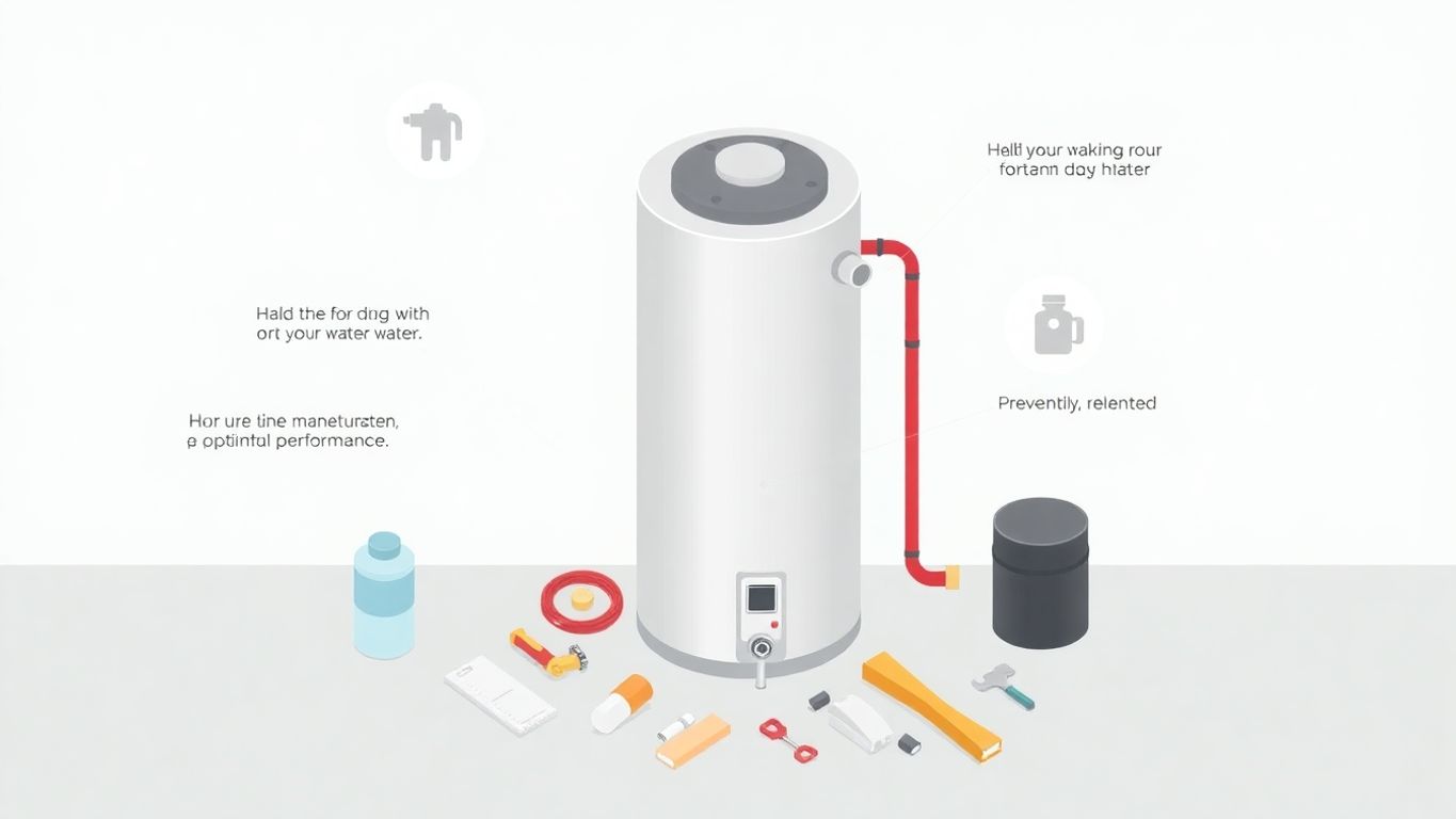 Isometric illustration of a water heater and maintenance tools.