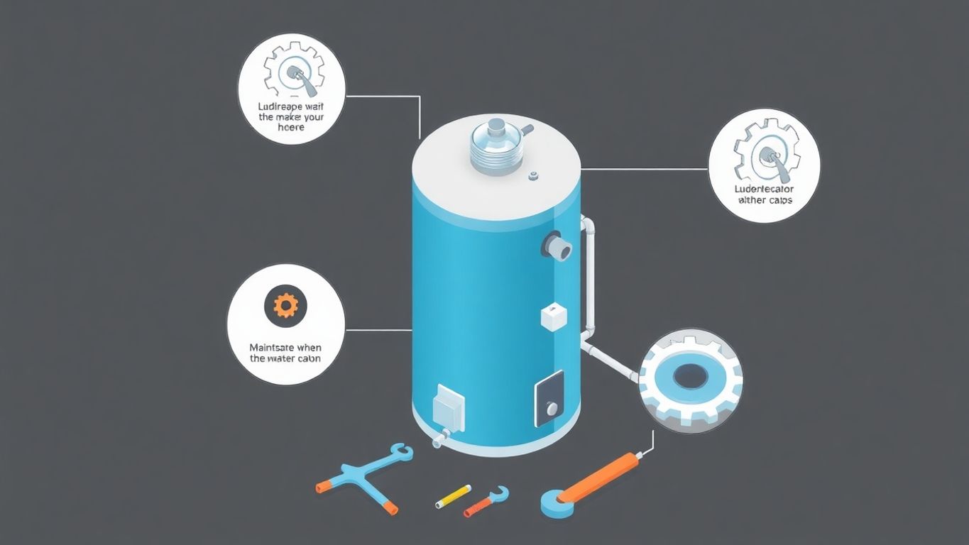 Isometric illustration of a water heater and maintenance tools.