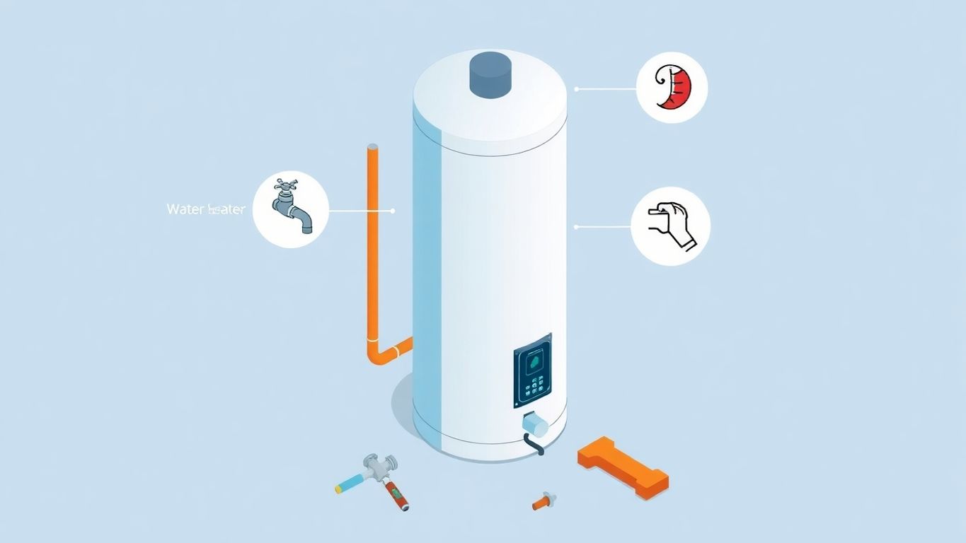 Isometric illustration of a water heater with repair tools.