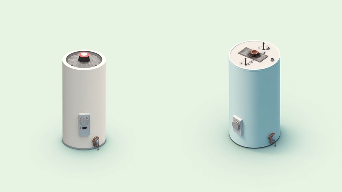 Isometric illustration of old and new water heaters.