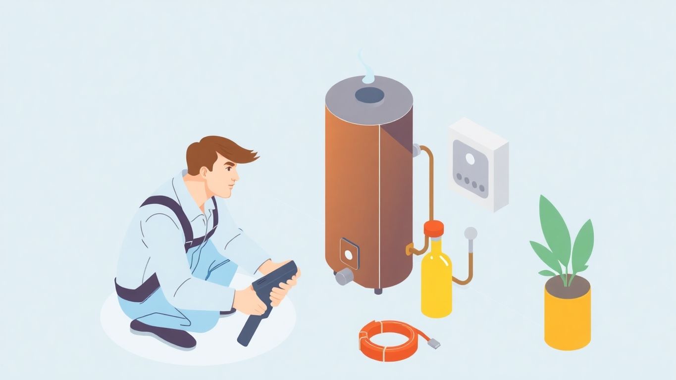 Technician repairing electric water heater in clean geometric style.