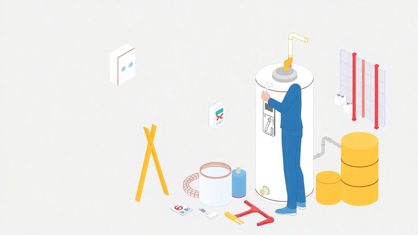 Professional fixing an electric water heater in isometric style.