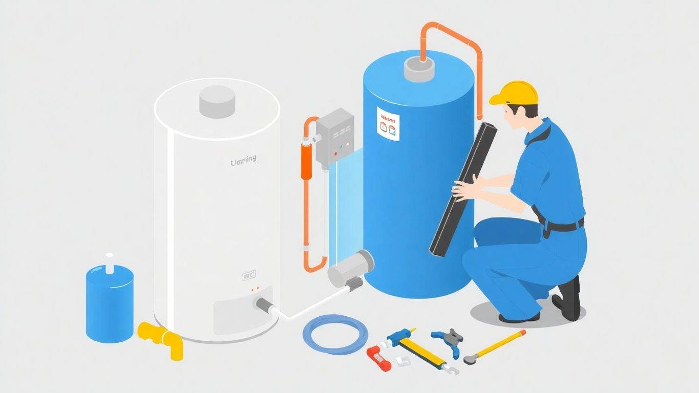 Technician repairing a hot water heater in geometric style.