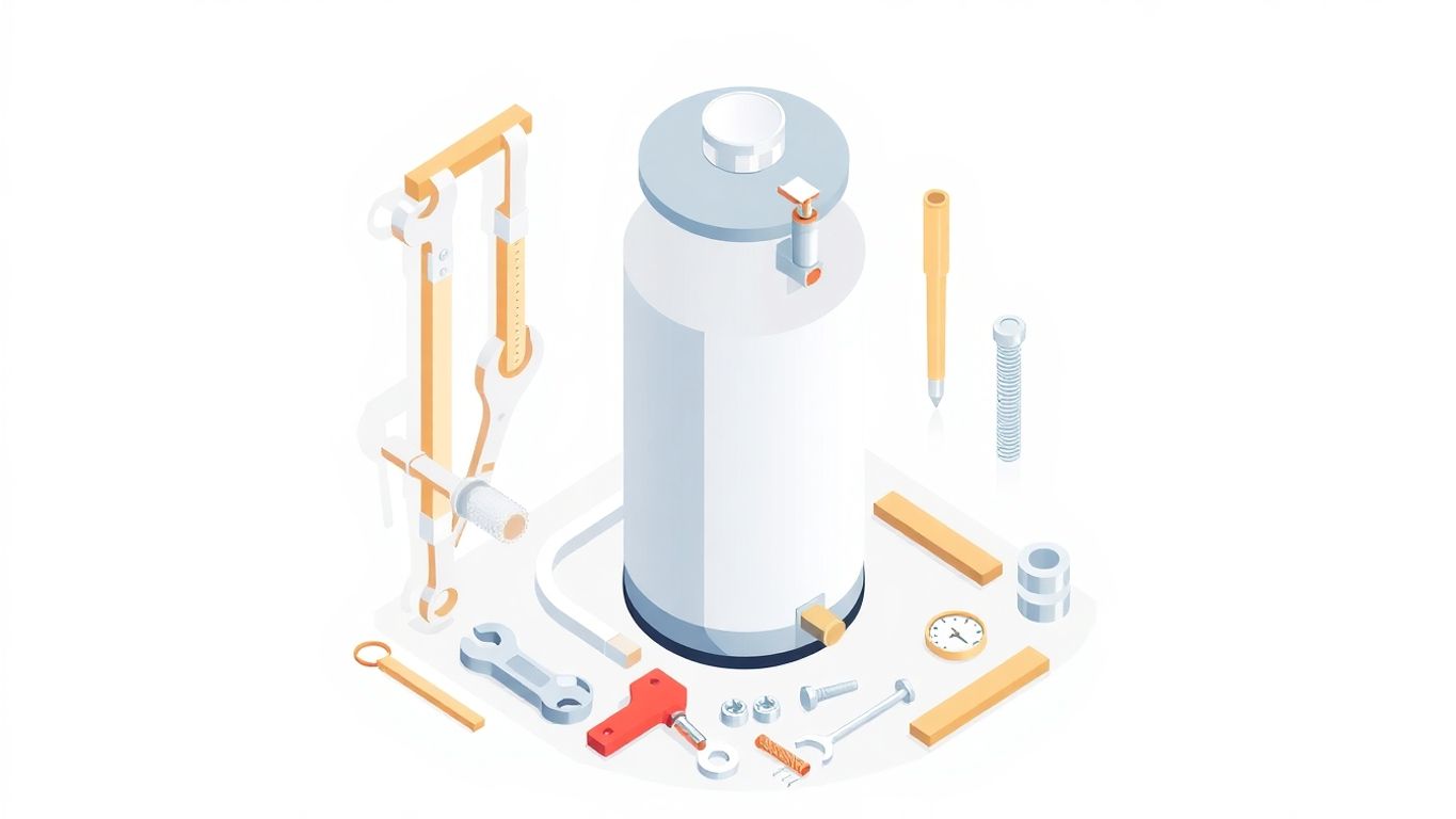 Isometric illustration of a hot water heater and tools.