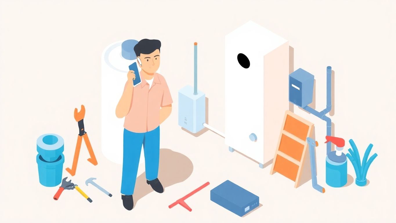 Isometric illustration of water heater repair consultation.