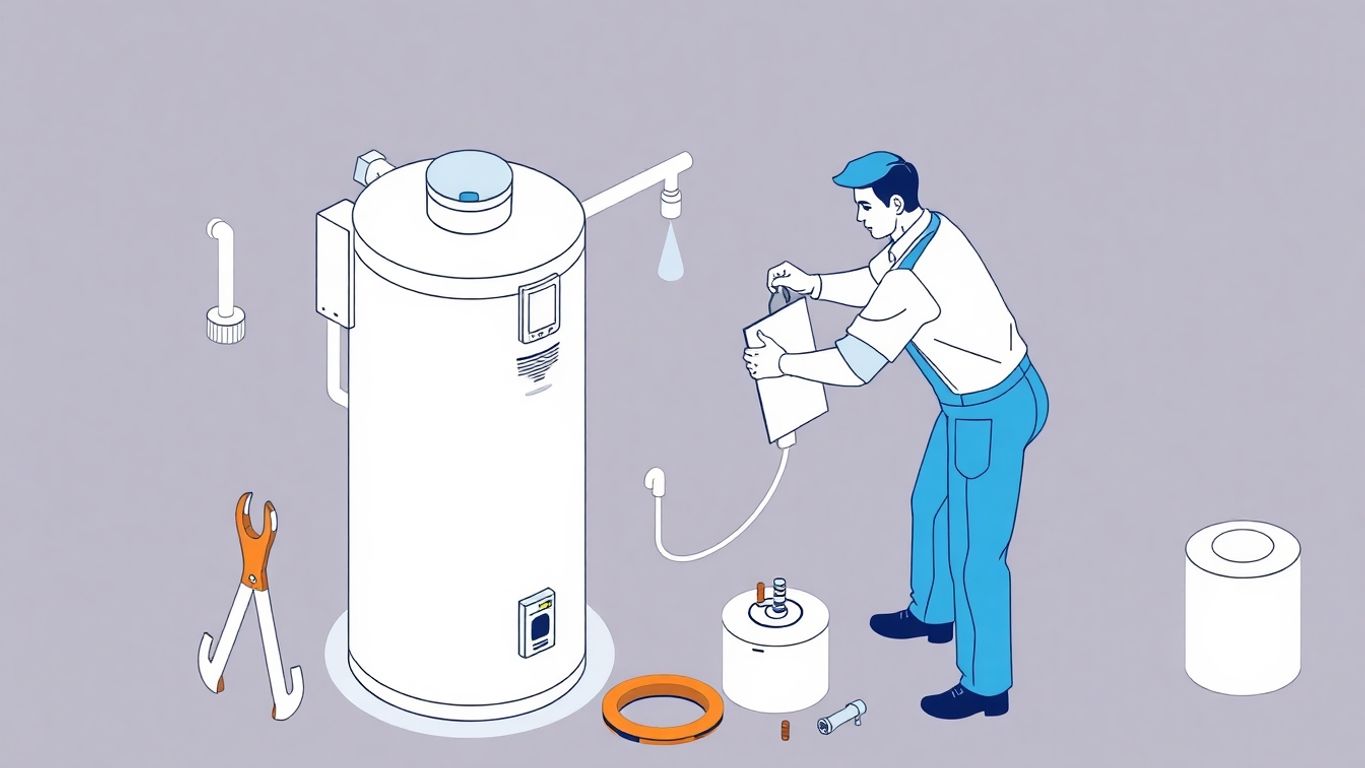 Technician repairing a water heater in isometric style.
