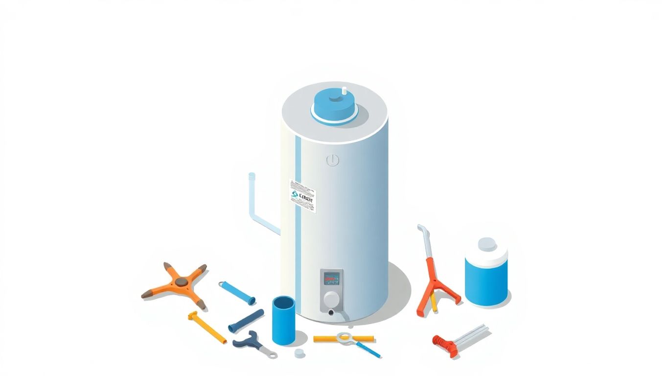 Isometric illustration of a water heater repair scene.