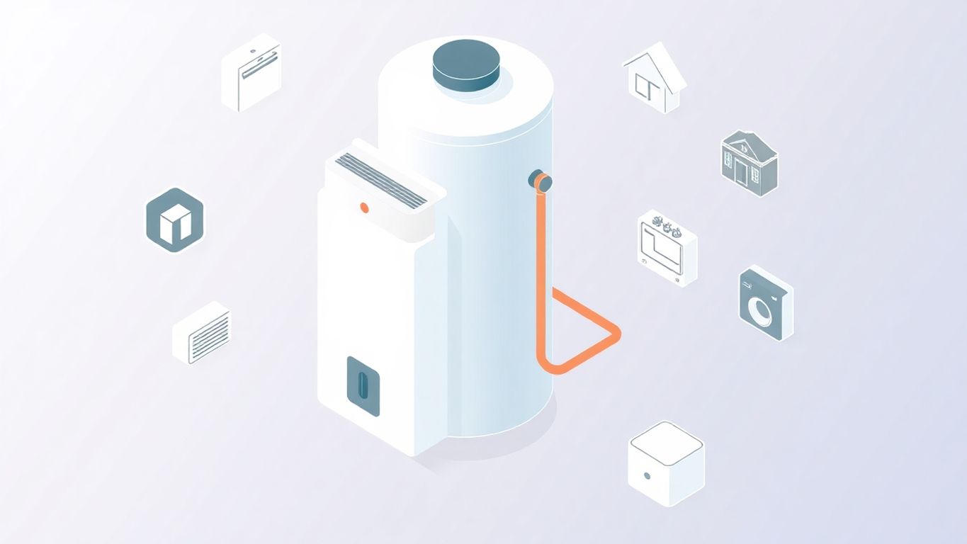 Isometric illustration of a water heater and warranty icons.