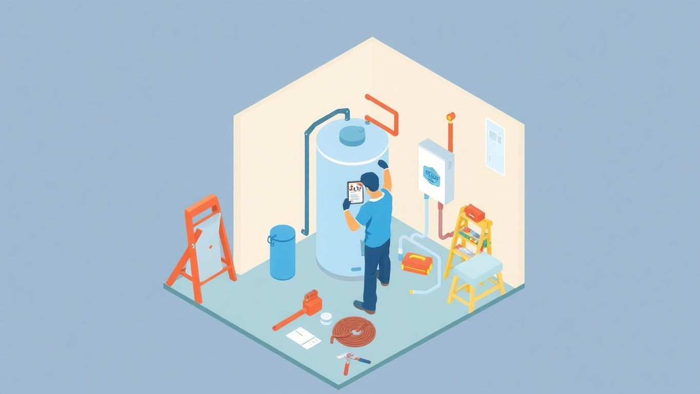 Isometric illustration of a water heater replacement process.