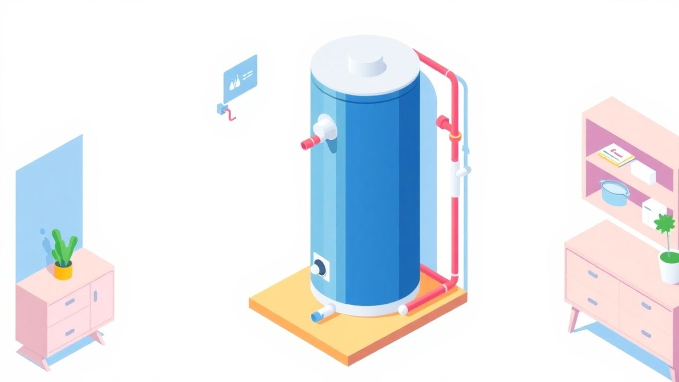 Isometric illustration of a water heater in a home.