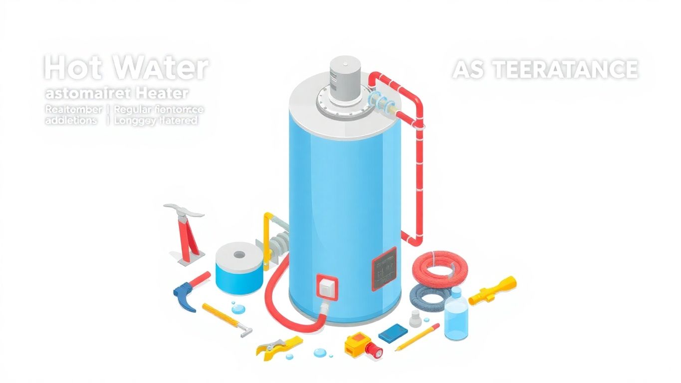 Isometric illustration of a hot water heater and tools.