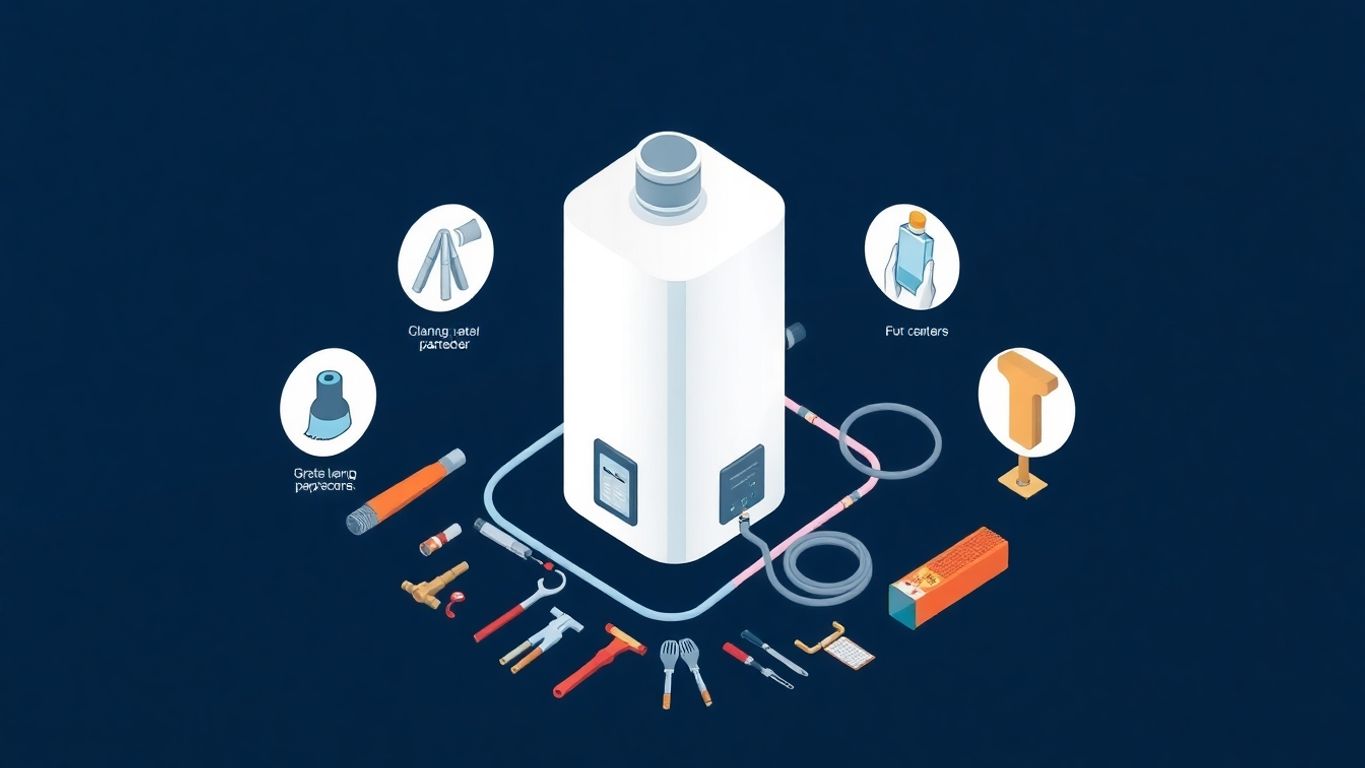 Isometric illustration of tankless water heater maintenance tools.