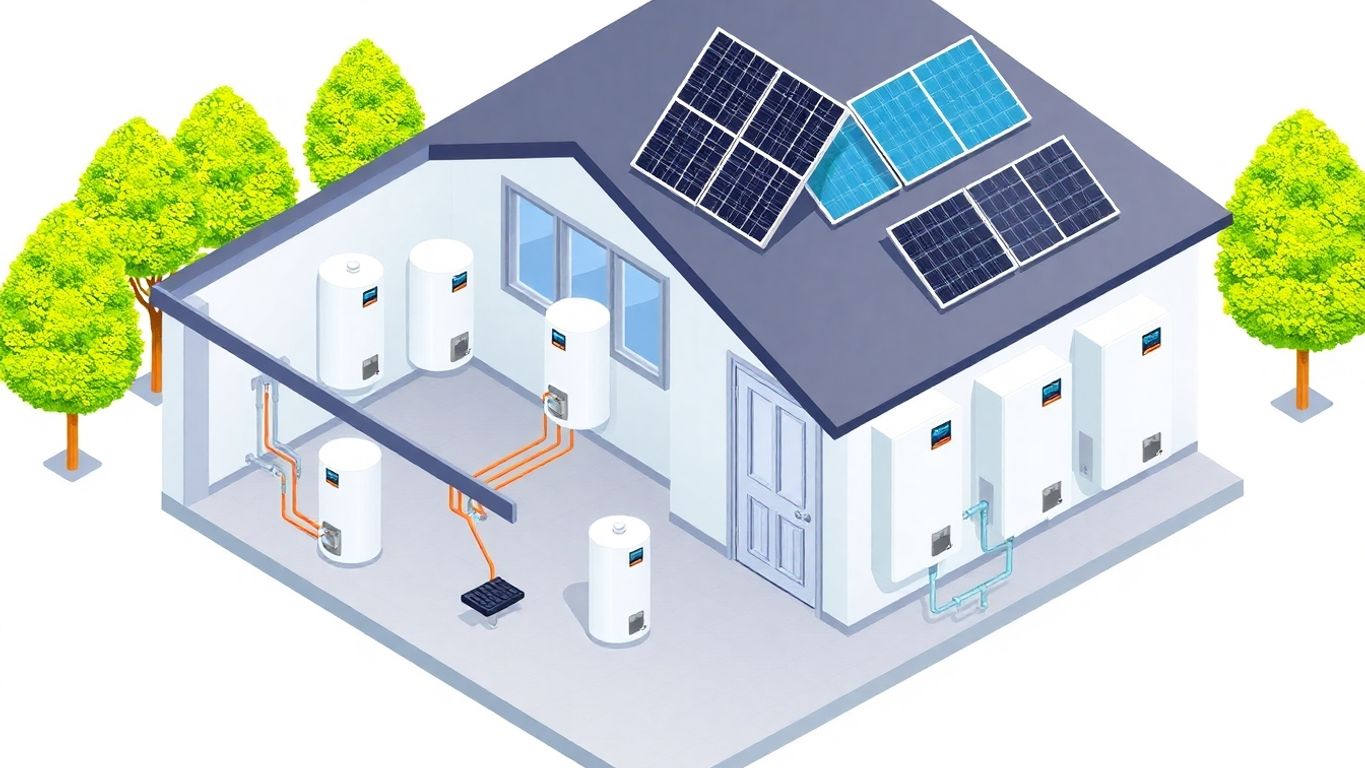 Isometric illustration of a house with multiple water heaters.