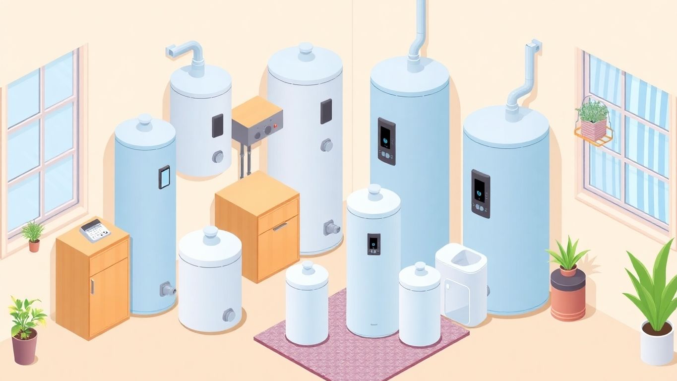 Illustration of water heaters in a modern home setting.