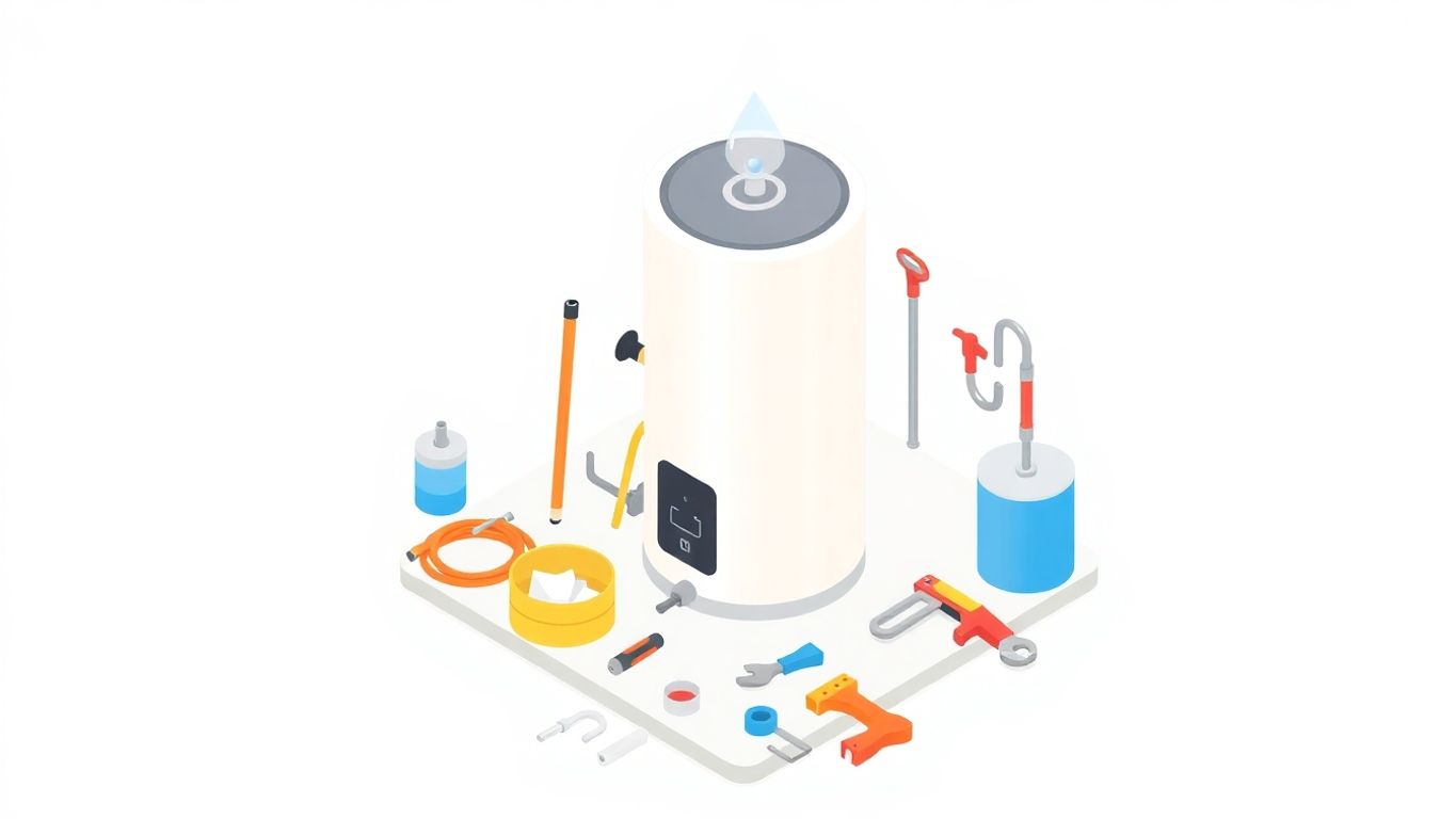 Isometric illustration of a water heater and repair tools.