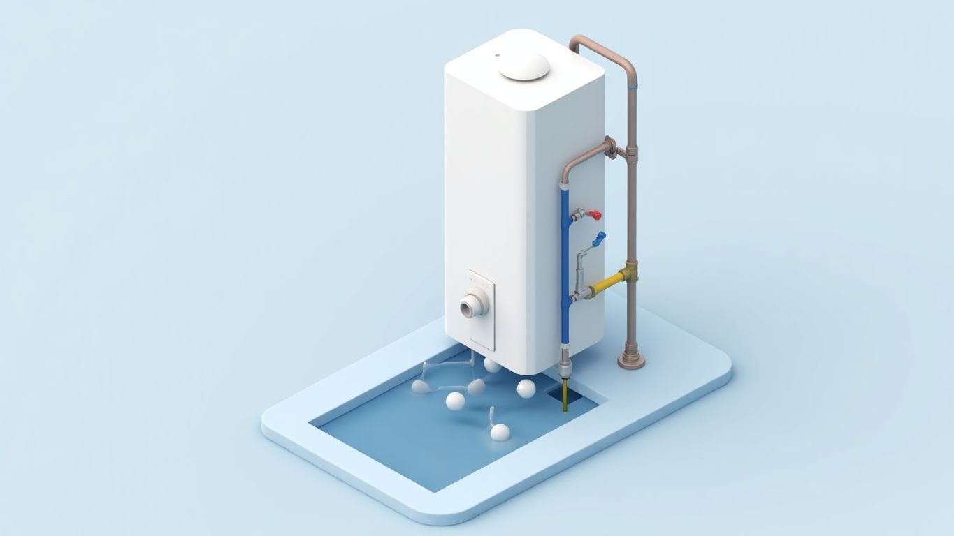 Tankless water heater with relief valve in geometric illustration.