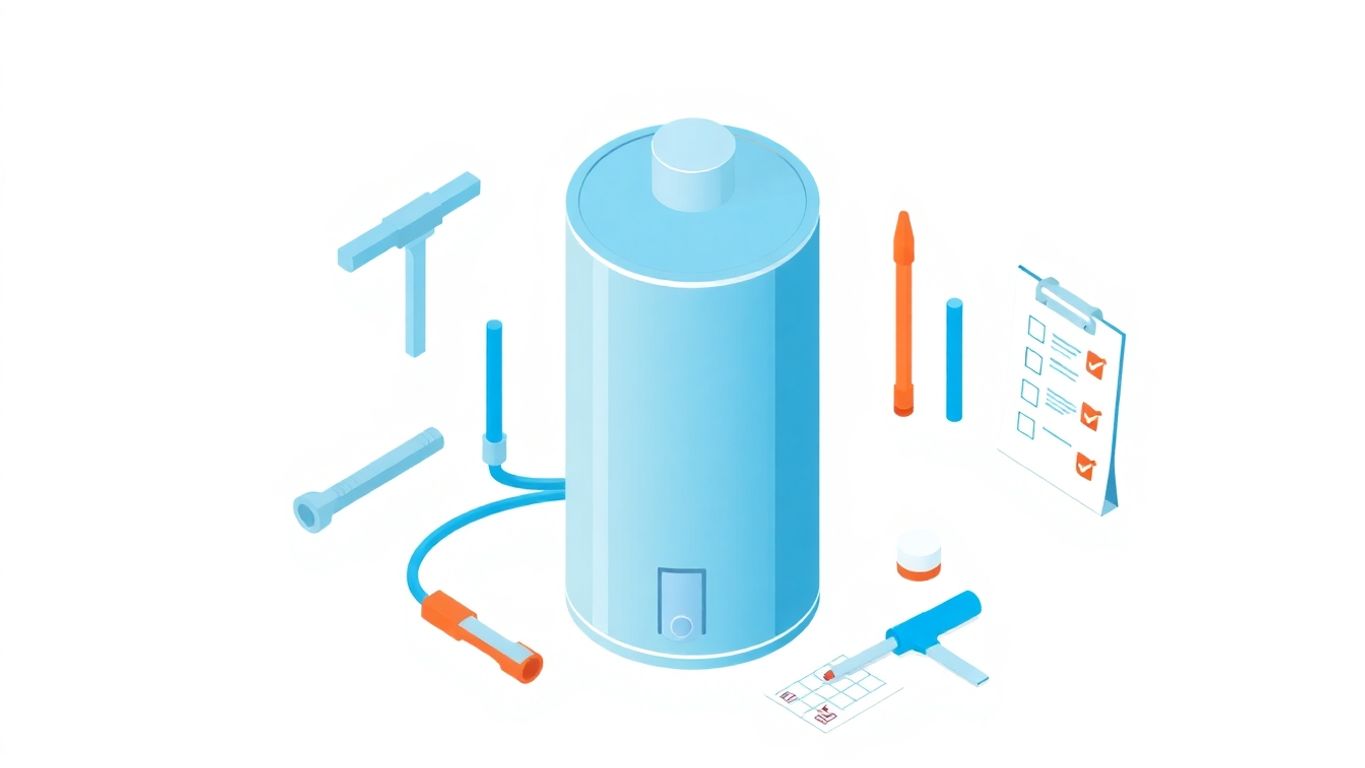 Isometric illustration of a water heater maintenance scene.