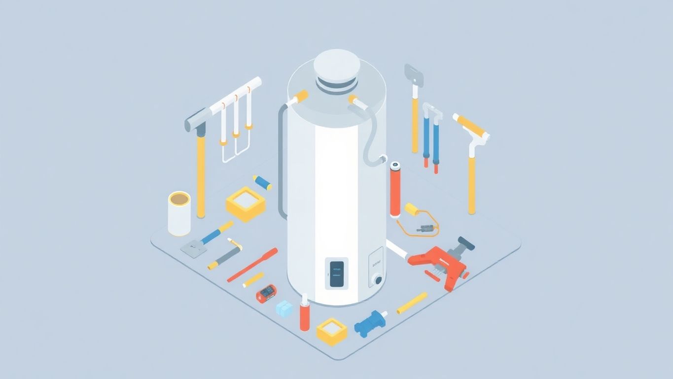 Isometric illustration of water heater with maintenance tools.
