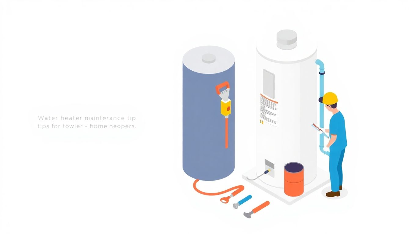 Isometric illustration of water heater maintenance tools and gear.
