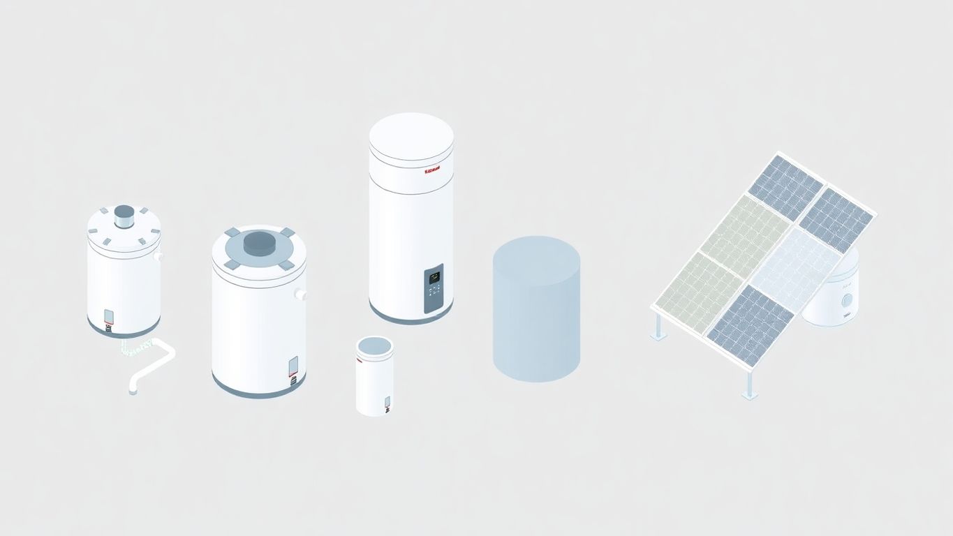 Isometric illustration of different types of water heaters.