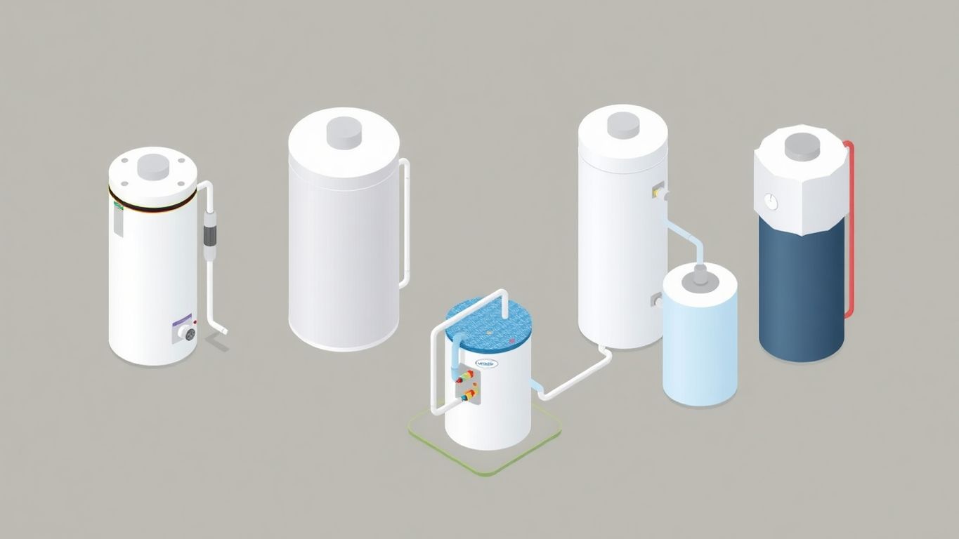 Isometric illustration of different water heater types.