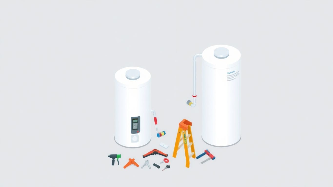 Isometric illustration of water heater and maintenance tools.