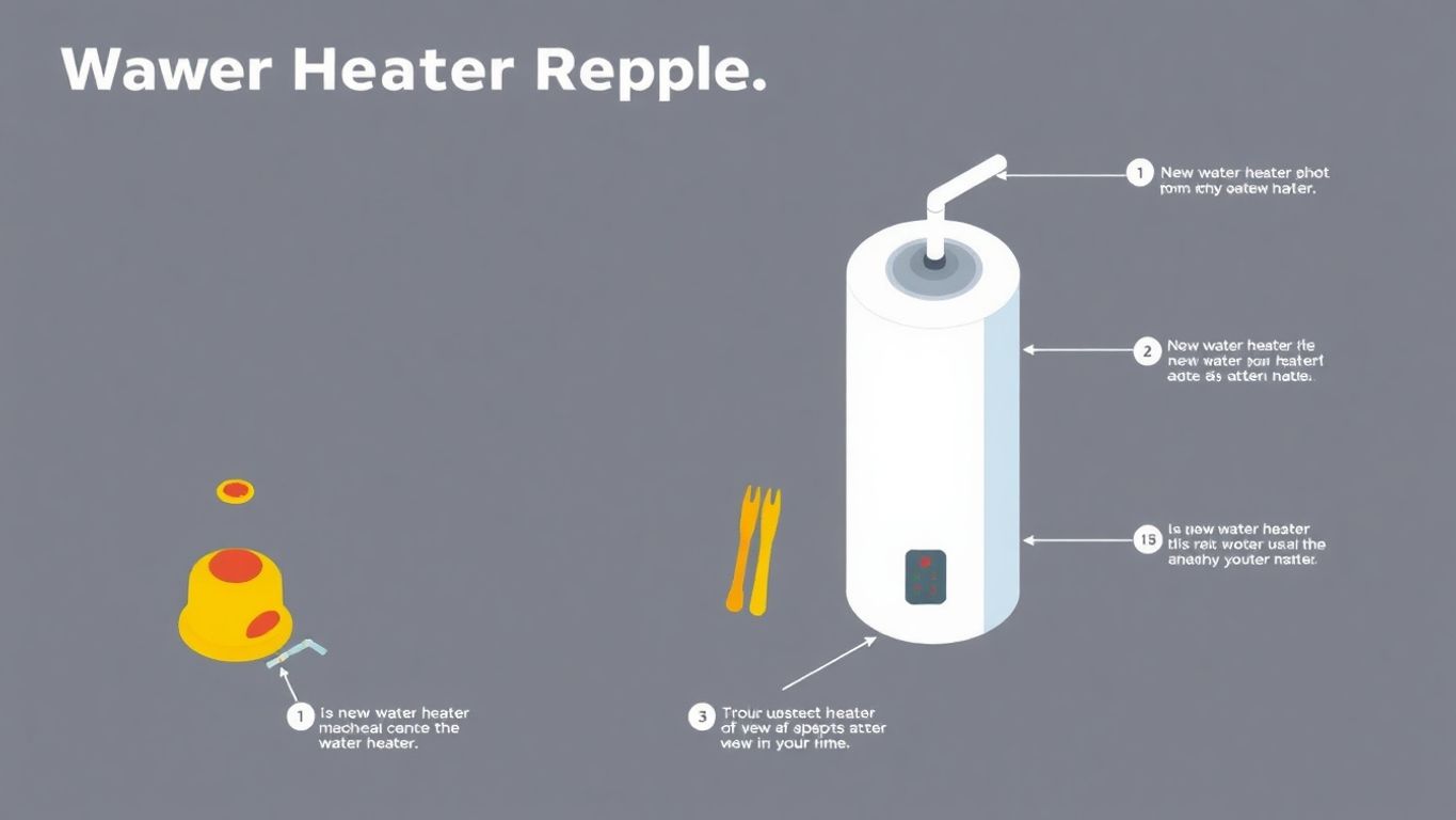 Isometric illustration of water heater replacement process.