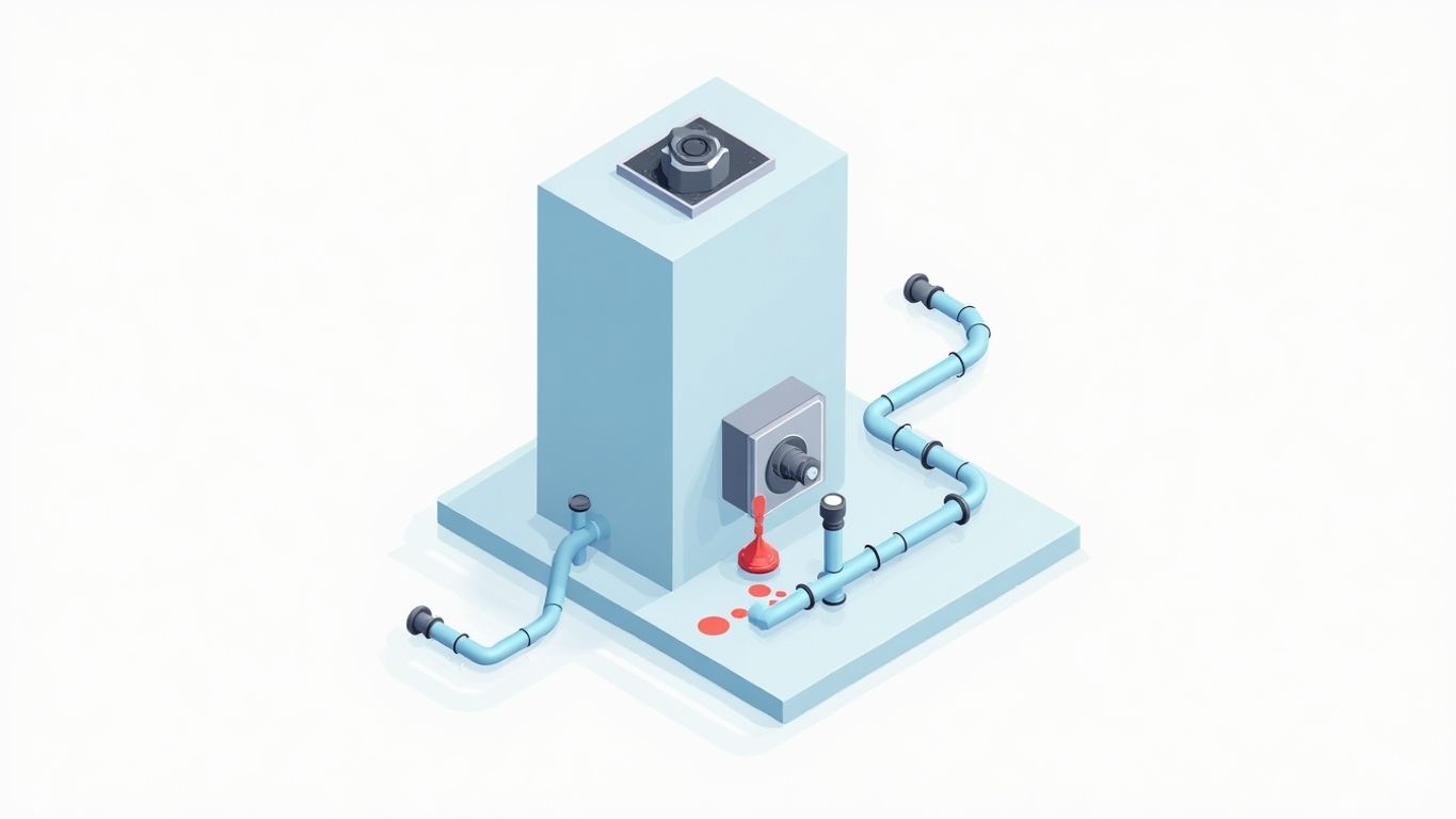 Isometric illustration of leaking tankless water heater relief valve.