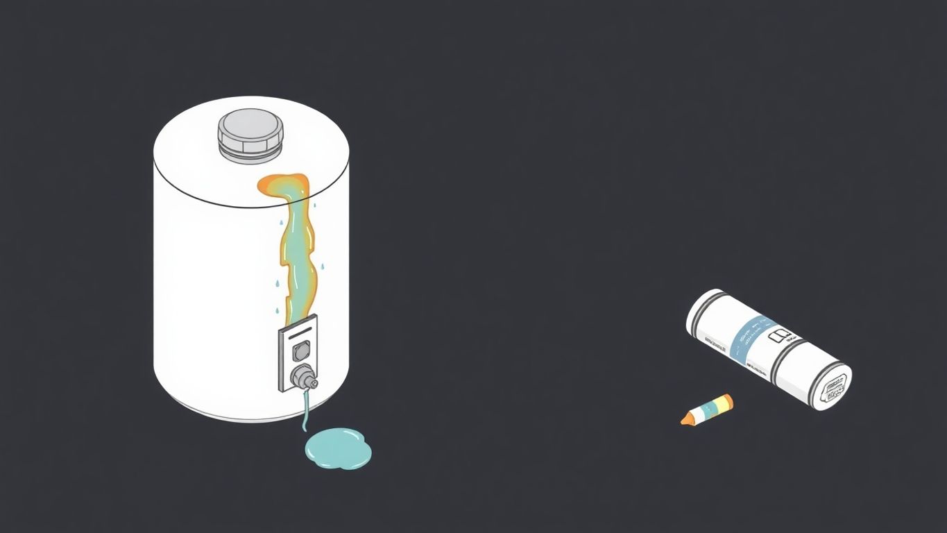 Isometric illustration of a leaking water heater with tools.