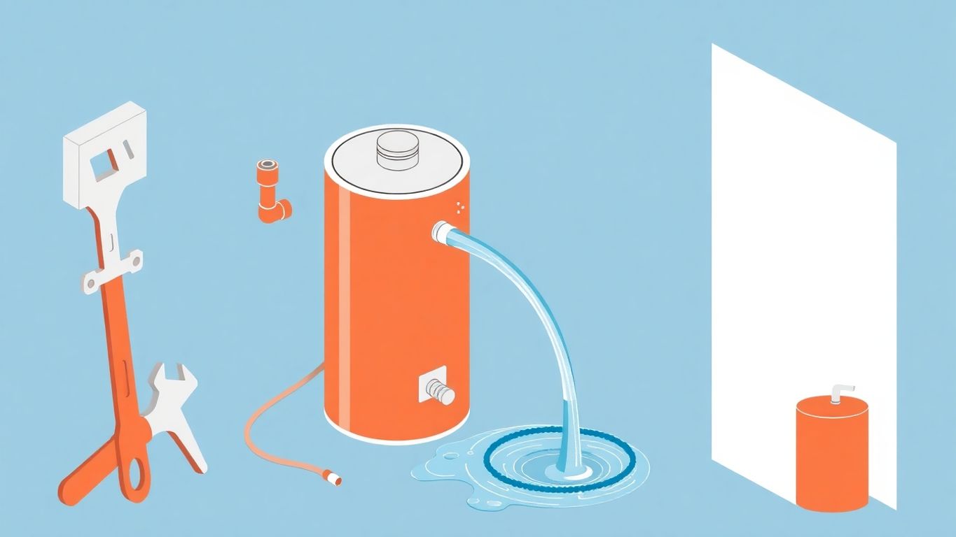 Isometric illustration of a water heater flushing process.