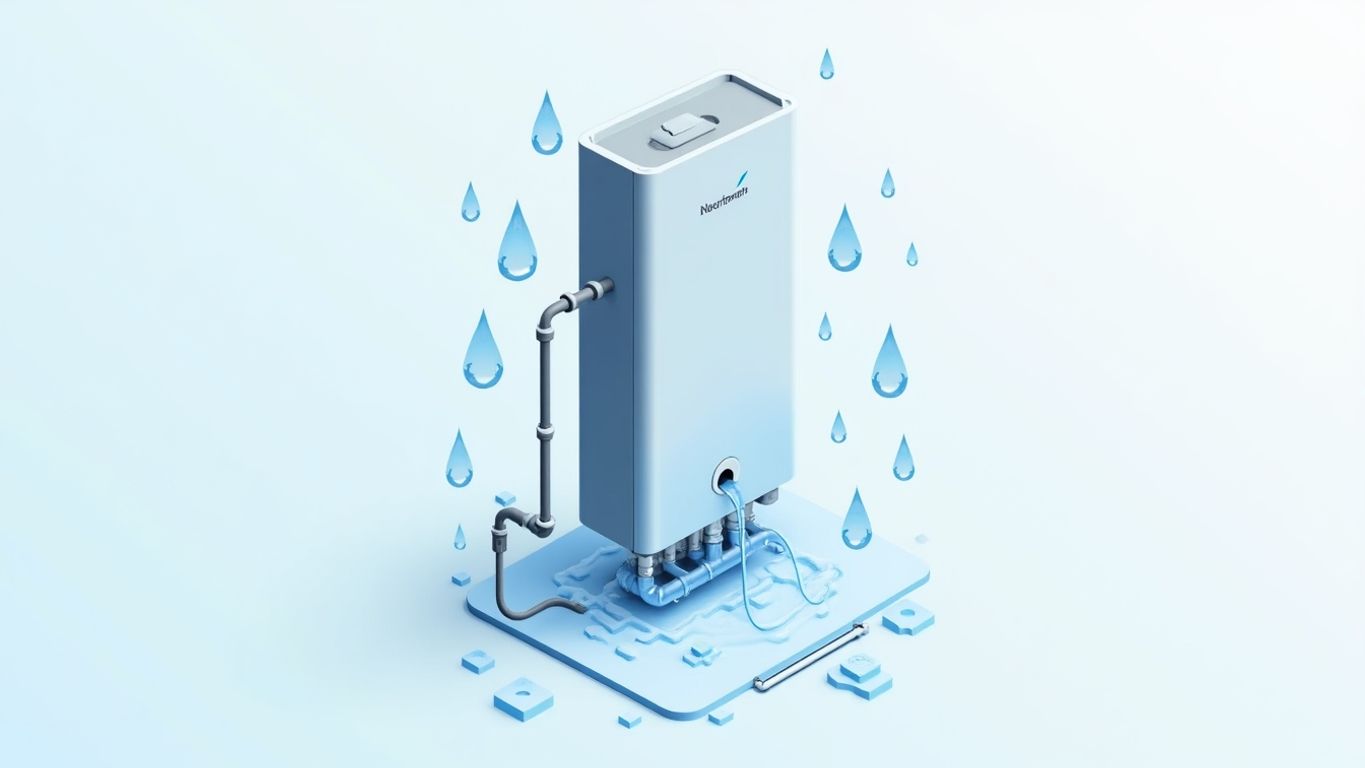 Illustration of tankless water heater with water leaking.