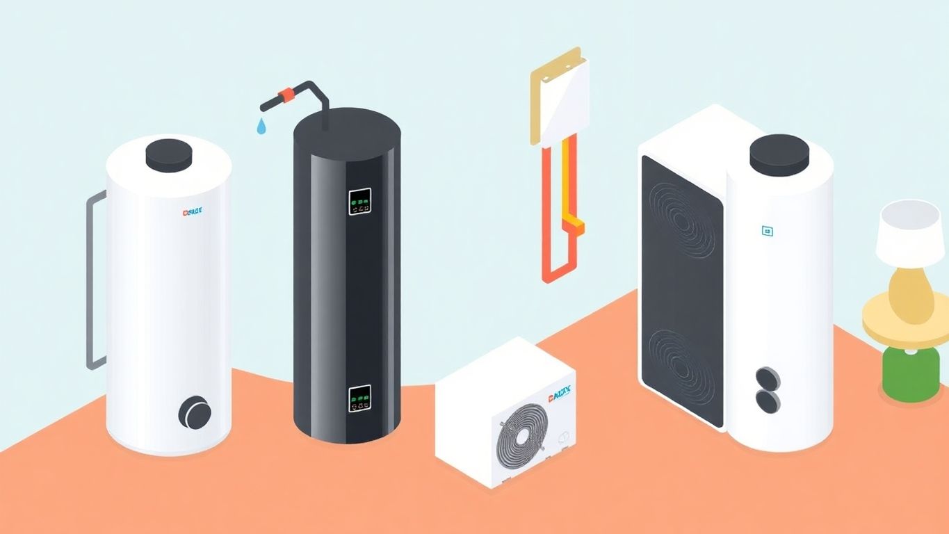 Isometric illustration of tankless and heat pump water heaters.